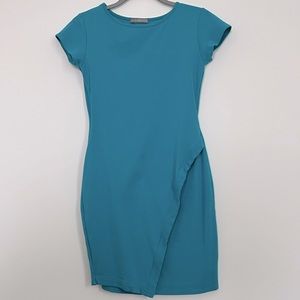 Turquoise fitted stretchy faux wrap mini dress